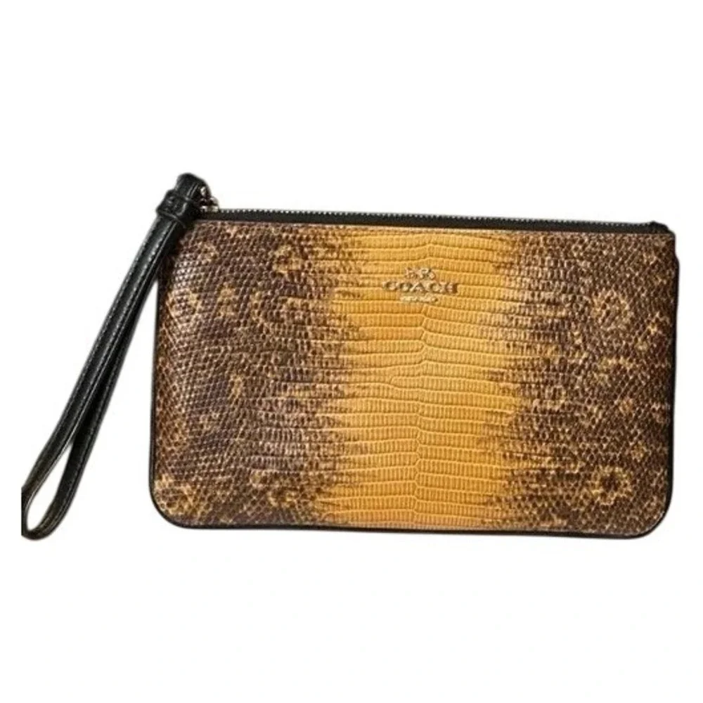 Coach Yellow Brown Ombre Lizard Embossed Leather Wristlet Clutch Bag - Picture 4 of 9
